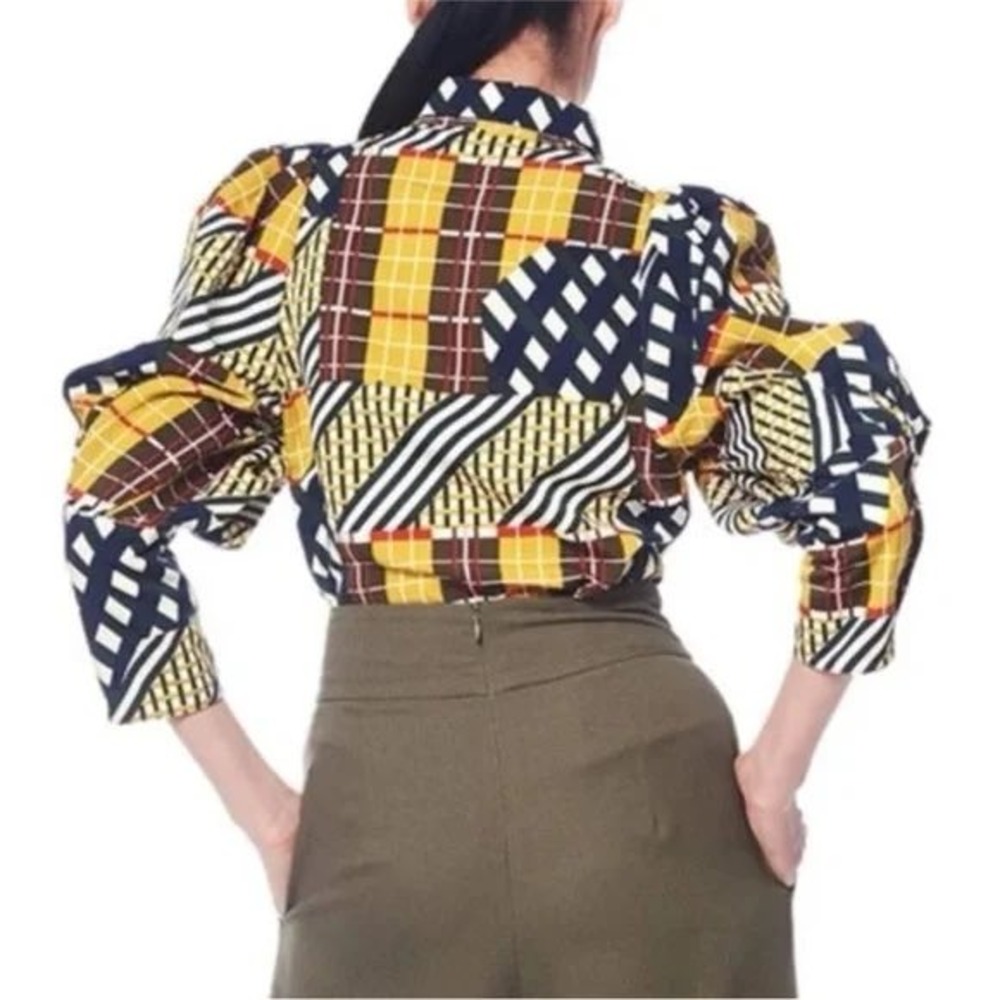 Gracia Womens Mixed Plaid Patchwork Puff Sleeve Button Down Blouse Size M - Picture 2 of 10